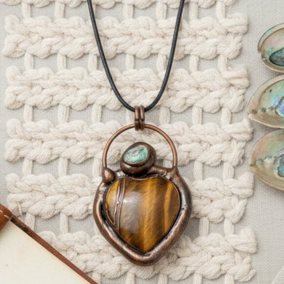 🆕️Boho Chic Copper Heart Pendant Necklace | Genuine Tiger's Eye & Abalone Shell - Picture 4 of 14